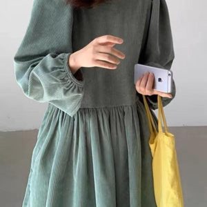 Chic Loose Pleated High Waist Puff Sleeve Corduroy Dress for Y2K Aesthetic Outfits