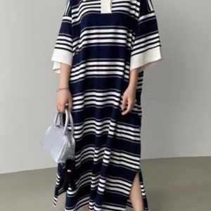 Chic Loose Striped Polo Dress - Y2K Aesthetic Fashion for Effortless Style