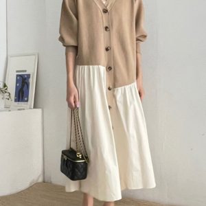 Chic Loose V-Neck Khaki Dress with Split Joint for Effortless Y2K Aesthetic Style