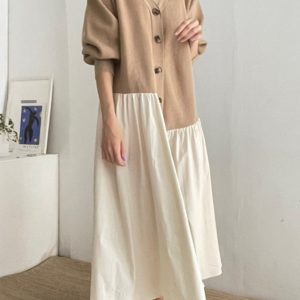 Chic Loose V-Neck Khaki Dress with Split Joint for Effortless Y2K Aesthetic Style