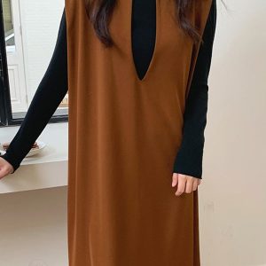 Chic Loose V-Neck Sleeveless Long Vest Dress for Effortless Y2K Aesthetic Style