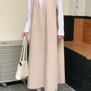 Chic Loose V-Neck Sleeveless Long Vest Dress for Effortless Y2K Aesthetic Style