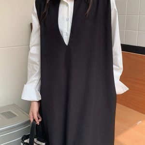 Chic Loose V-Neck Sleeveless Long Vest Dress for Effortless Y2K Aesthetic Style