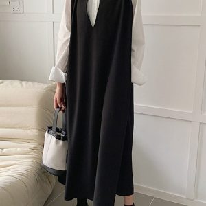 Chic Loose V-Neck Sleeveless Long Vest Dress for Effortless Y2K Aesthetic Style