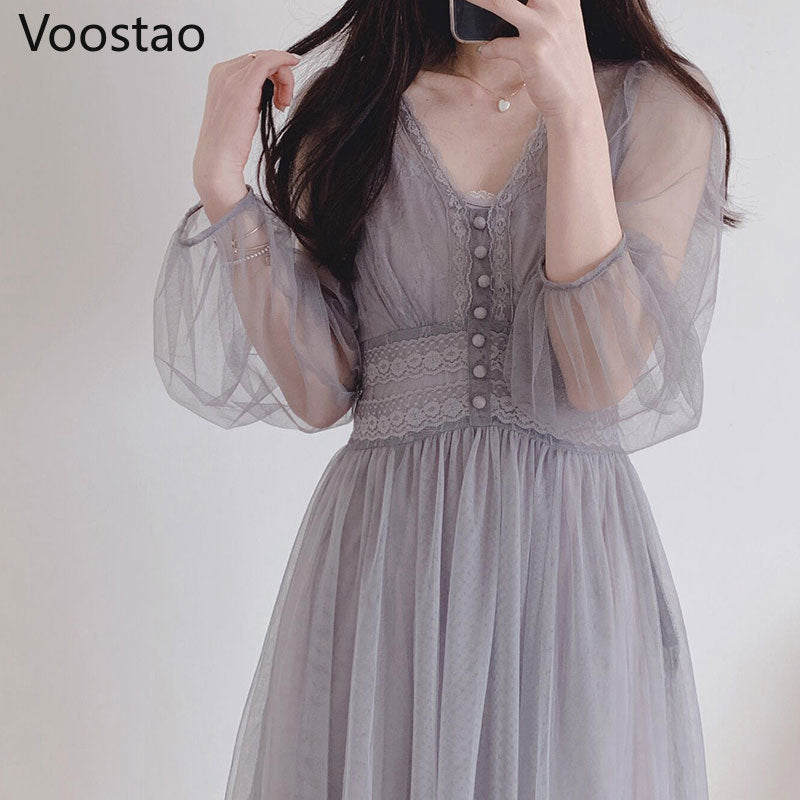 Chic Mesh Long Sleeve V-Neck Lace Tulle Fairy Dress - Elegant Summer Midi Party Dress