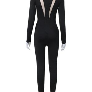 Chic Mesh Stitching Bodycon Jumpsuit for Women - Long Sleeve See-Through Club Playsuit