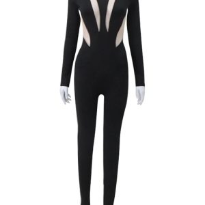 Chic Mesh Stitching Bodycon Jumpsuit for Women - Long Sleeve See-Through Club Playsuit