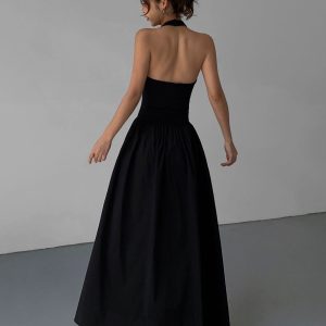 Chic Minimalist Halter Backless Long Dress for Effortless Y2K Aesthetic Style