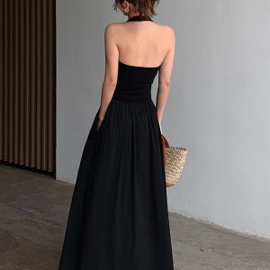 Chic Minimalist Halter Backless Long Dress for Effortless Y2K Aesthetic Style