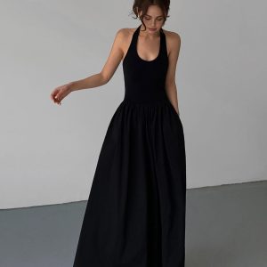 Chic Minimalist Halter Backless Long Dress for Effortless Y2K Aesthetic Style