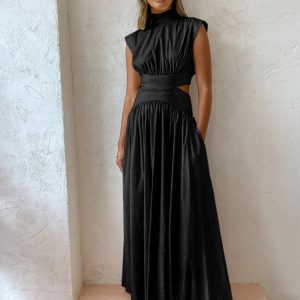 Chic Mock Neck Cut Out Long Dress for Y2K Fashion Lovers and Coquette Aesthetic Enthusiasts