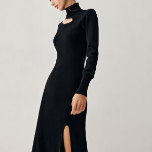 Chic Mock Neck Cutout Long Sleeve Midi Sweater Dress for Y2K Aesthetic Fashion Lovers