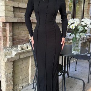 Chic Mock Neck Piping Split Maxi Dress for Y2K Fashion and Coquette Aesthetic Styles