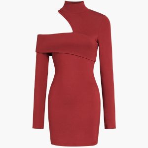 Chic Mock Neck Ribbed Long Sleeve Dress with Oblique Cutout - Y2K Aesthetic Fashion