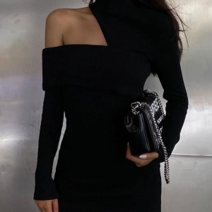 Chic Mock Neck Ribbed Long Sleeve Dress with Oblique Cutout - Y2K Aesthetic Fashion