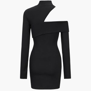 Chic Mock Neck Ribbed Long Sleeve Dress with Oblique Cutout - Y2K Aesthetic Fashion