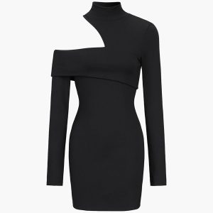 Chic Mock Neck Ribbed Long Sleeve Dress with Oblique Cutout - Y2K Aesthetic Fashion