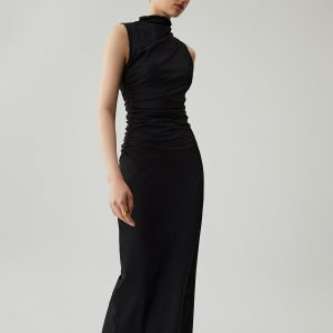 Chic Mock Neck Sleeveless Ruched Long Dress for Y2K Fashion & Coquette Aesthetic