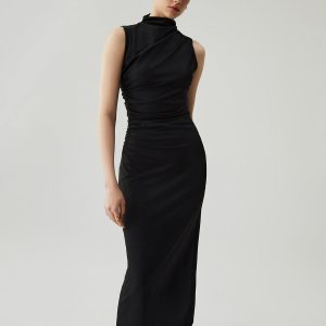 Chic Mock Neck Sleeveless Ruched Long Dress for Y2K Fashion & Coquette Aesthetic