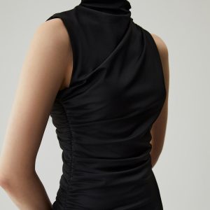 Chic Mock Neck Sleeveless Ruched Long Dress for Y2K Fashion & Coquette Aesthetic