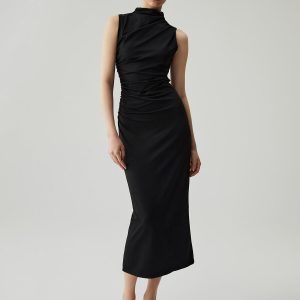 Chic Mock Neck Sleeveless Ruched Long Dress for Y2K Fashion & Coquette Aesthetic