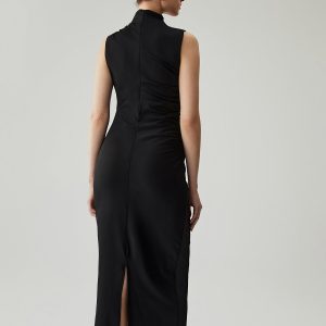 Chic Mock Neck Sleeveless Ruched Long Dress for Y2K Fashion & Coquette Aesthetic