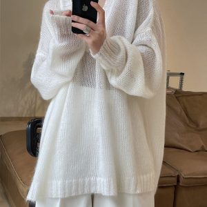 Chic Mohair Hollowed Knit Sweater for Y2K Fashion and Coquette Aesthetic Outfits