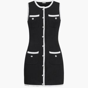 Chic Multi-Pocket Button-Up Sleeveless Sweater Dress for Y2K and Coquette Aesthetic