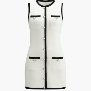 Chic Multi-Pocket Button-Up Sleeveless Sweater Dress for Y2K and Coquette Aesthetic