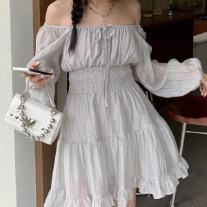 Chic Off-Shoulder A-Line Dress with Lantern Sleeves and Ruffles - Y2K Casual Style 2024