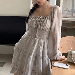 Chic Off-Shoulder A-Line Dress with Lantern Sleeves and Ruffles - Y2K Casual Style 2024