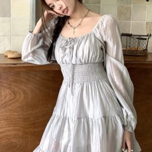 Chic Off-Shoulder A-Line Dress with Lantern Sleeves and Ruffles - Y2K Casual Style 2024