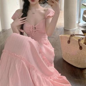 Chic Off-Shoulder A-Line Summer Dress for Women - Ruched Korean Fashion Holiday Beach Style