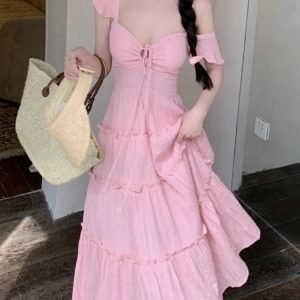 Chic Off-Shoulder A-Line Summer Dress for Women - Ruched Korean Fashion Holiday Beach Style