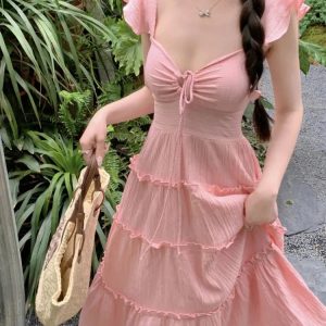 Chic Off-Shoulder A-Line Summer Dress for Women - Ruched Korean Fashion Holiday Beach Style