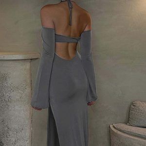 Chic Off-Shoulder Halter Slit Backless Dress for Y2K Fashion & Coquette Aesthetic