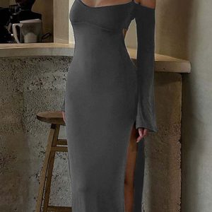 Chic Off-Shoulder Halter Slit Backless Dress for Y2K Fashion & Coquette Aesthetic