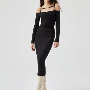 Chic Off Shoulder Long Sleeve Knit Cami Midi Dress for Y2K Fashion Lovers