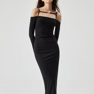 Chic Off Shoulder Long Sleeve Knit Cami Midi Dress for Y2K Fashion Lovers