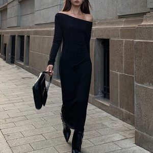 Chic Off Shoulder Ribbed Knit Long Dress for Y2K Fashion and Coquette Aesthetic Styles