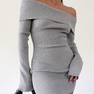 Chic Off Shoulder Ribbed Mini Dress - Y2K Aesthetic Cute Dress for Stylish Outfits