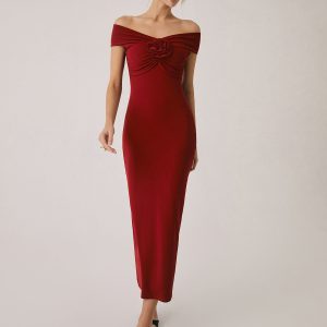 Chic Off-Shoulder Rose Midi Dress for Y2K Fashion Lovers and Coquette Aesthetic Enthusiasts