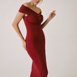 Chic Off-Shoulder Rose Midi Dress for Y2K Fashion Lovers and Coquette Aesthetic Enthusiasts