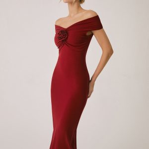 Chic Off-Shoulder Rose Midi Dress for Y2K Fashion Lovers and Coquette Aesthetic Enthusiasts