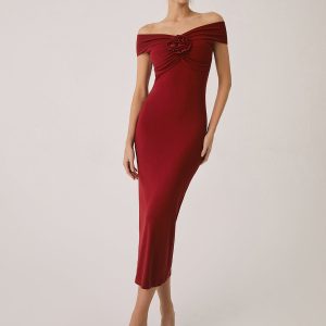 Chic Off-Shoulder Rose Midi Dress for Y2K Fashion Lovers and Coquette Aesthetic Enthusiasts