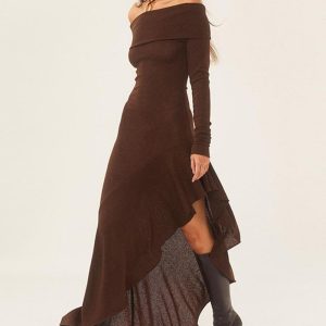 Chic Off-Shoulder Ruffled Hem Maxi Dress for Y2K Fashion & Coquette Aesthetic Lovers