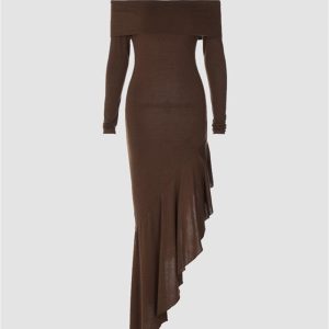 Chic Off-Shoulder Ruffled Hem Maxi Dress for Y2K Fashion & Coquette Aesthetic Lovers