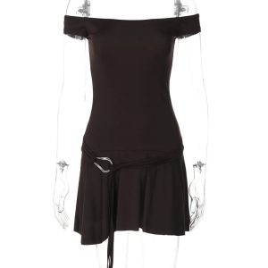 Chic Off-Shoulder Sleeveless Mini Dress with Flounced Edge & Belt - Perfect for Club Parties