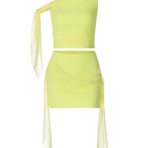 Chic One-Shoulder Mesh Ruched Ruffle Top & Mini Dress Set for Y2K Party Streetwear