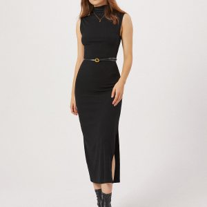 Chic Opening Night Slit Mock Neck Long Dress for Y2K Aesthetic and Coquette Style